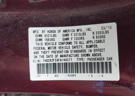 2015 Honda Accord Sport из США, поврежденный, VIN 1HGCR2F58FA148077